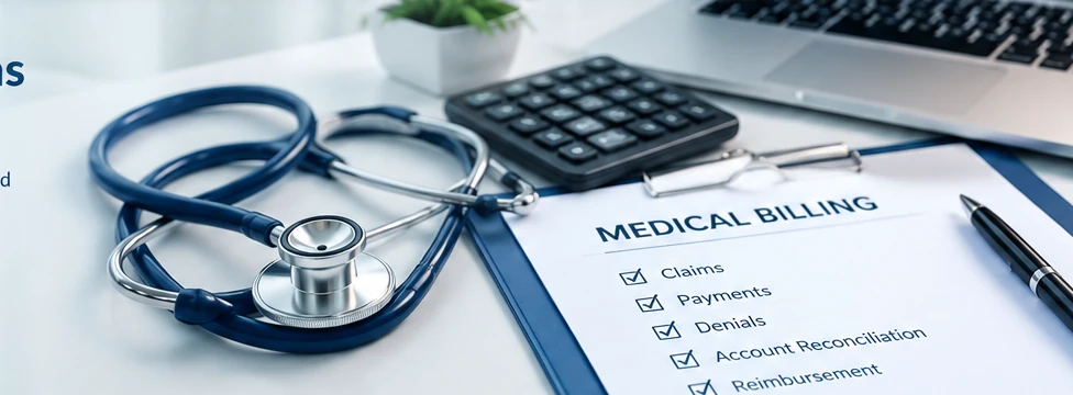 Medical billing workspace with claims paperwork, calculator, and stethoscope